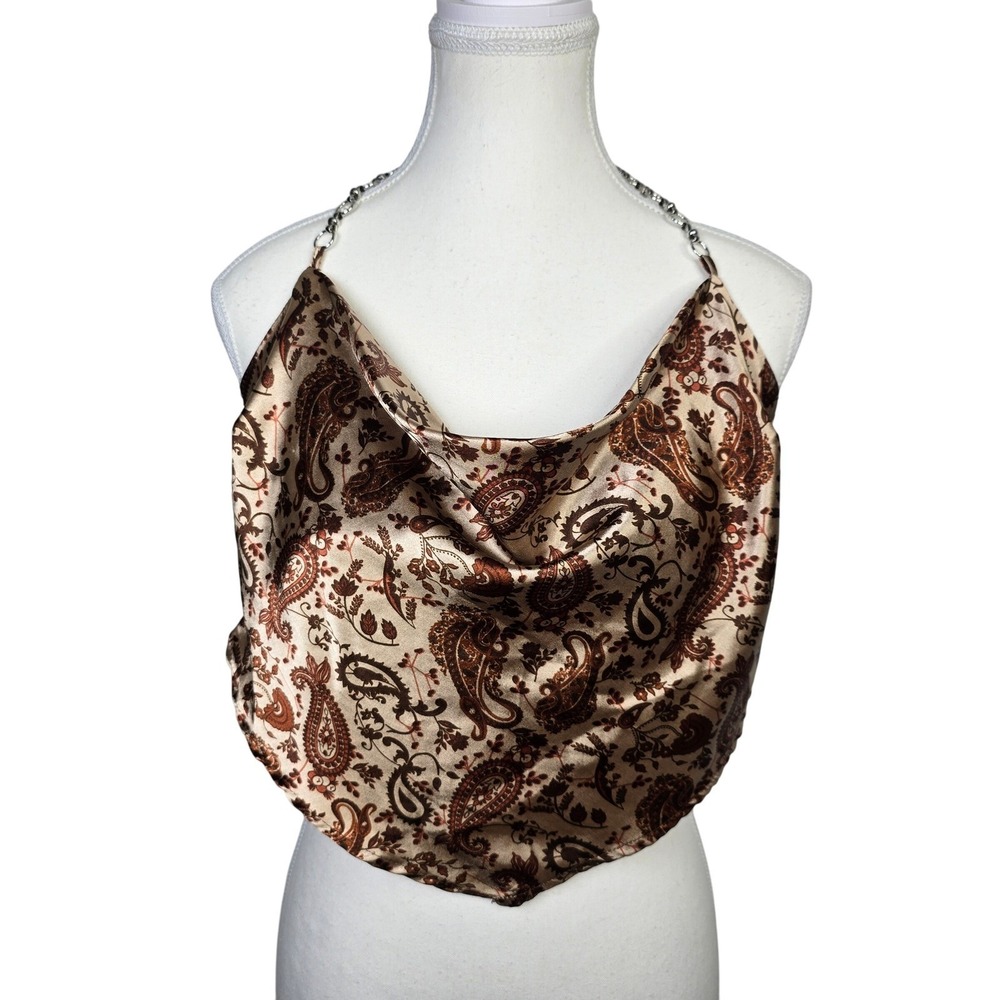 Paisley Halter Top Chain Strap Back Tie Bronze Beige‎ Brown Blouse Medium